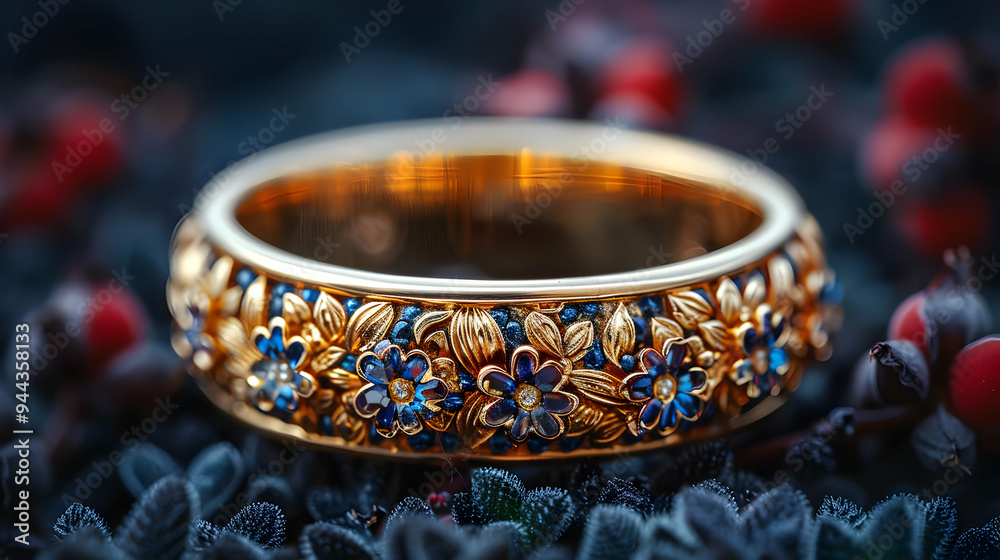 Golden Ring with Blue and White Gemstones - Photo Golden Ring with Blue and White Gemstones - Photo