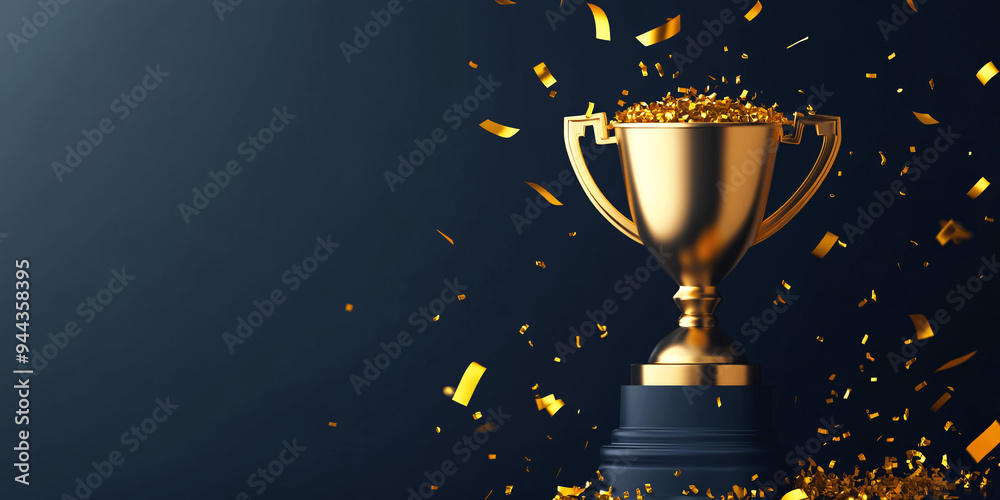 Winner trophy with flames, golden champion cup with falling confetti on dark background, Generative AI. Winner trophy with flames, golden champion cup with falling confetti on dark background, Generative AI.