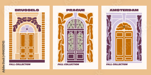 Canvas Print European historical doors vector posters