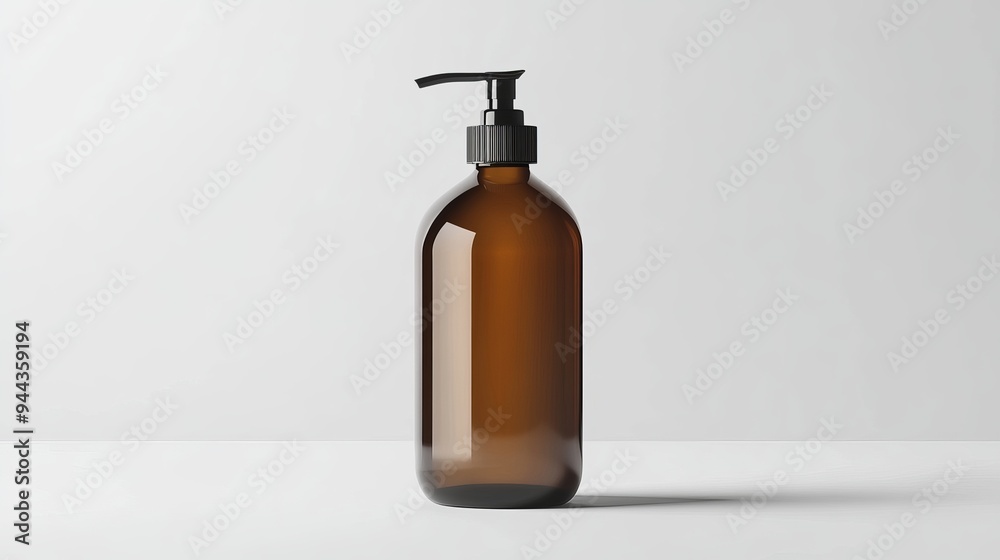 A blank brown glass bottle mockup with a pump, isolated against a white background, representing a realistic packaging template for shampoo or soap
