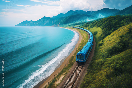 Scenic view of a train on a winding railway next to an ocean