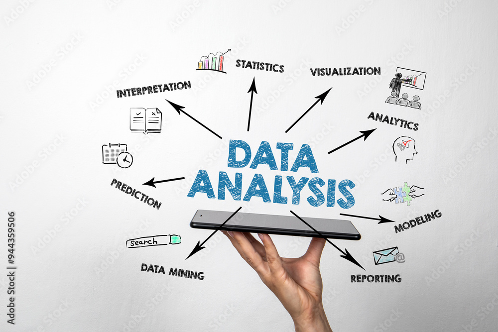 Data Analysis Concept. Illustration with icons, arrows and keywords Data Analysis Concept. Illustration with icons, arrows and keywords