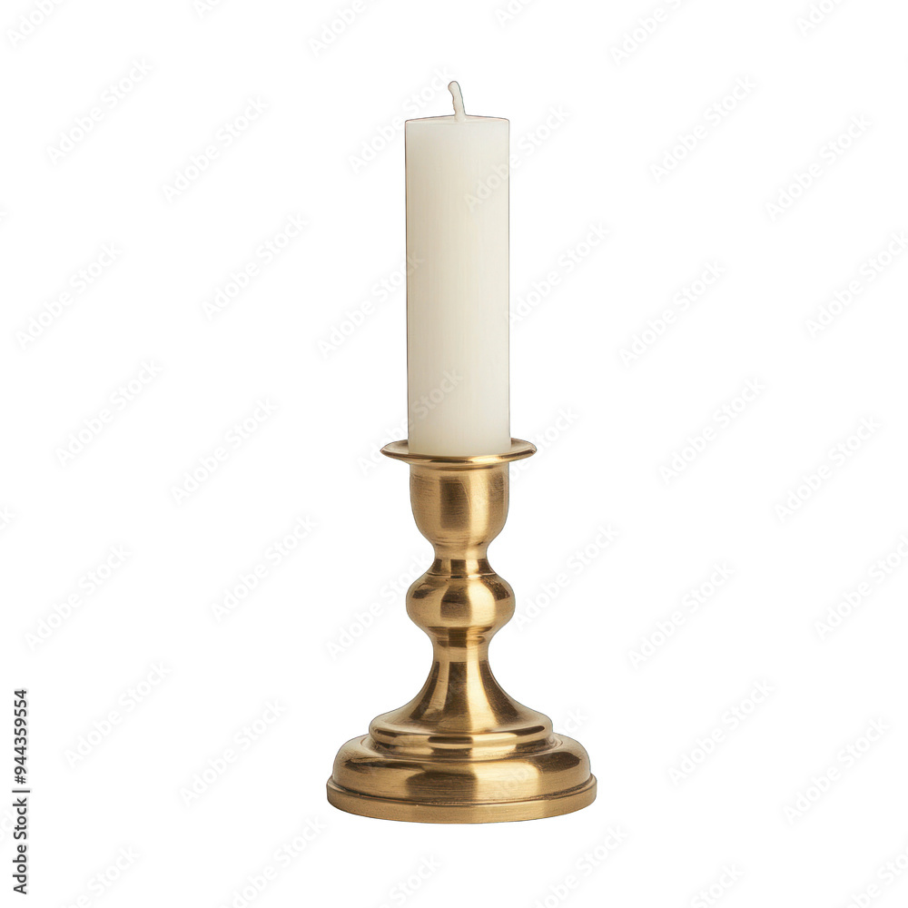 Elegant brass candle holder featuring a tall white candle, perfect for enhancing ambiance in any setting. transparent background Elegant brass candle holder featuring a tall white candle, perfect for enhancing ambiance in any setting. transparent background