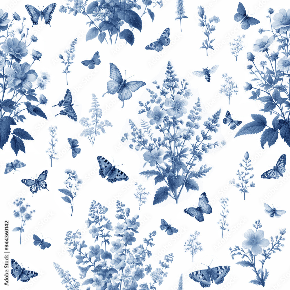Blue floral and butterfly pattern illustration with delicate flowers and butterflies on white background, seamless design perfect for spring and summer themed decoration, fabric, wallpaper Blue floral and butterfly pattern illustration with delicate flowers and butterflies on white background, seamless design perfect for spring and summer themed decoration, fabric, wallpaper