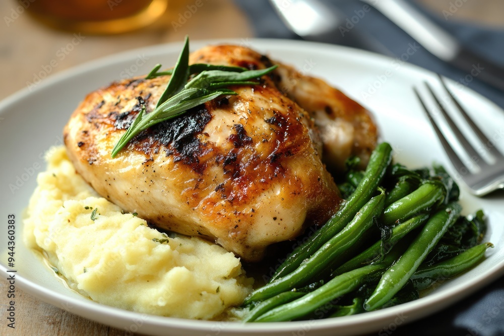 Food Roast: Roasted Chicken with Skin served with potatoes, mashed swede, green beans, and creamy spinach Food Roast: Roasted Chicken with Skin served with potatoes, mashed swede, green beans, and creamy spinach