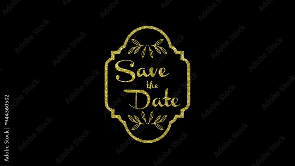 Save the date wedding invitation motion graphic with alpha channel transparent background. Golden text calligraphy with border vector animation