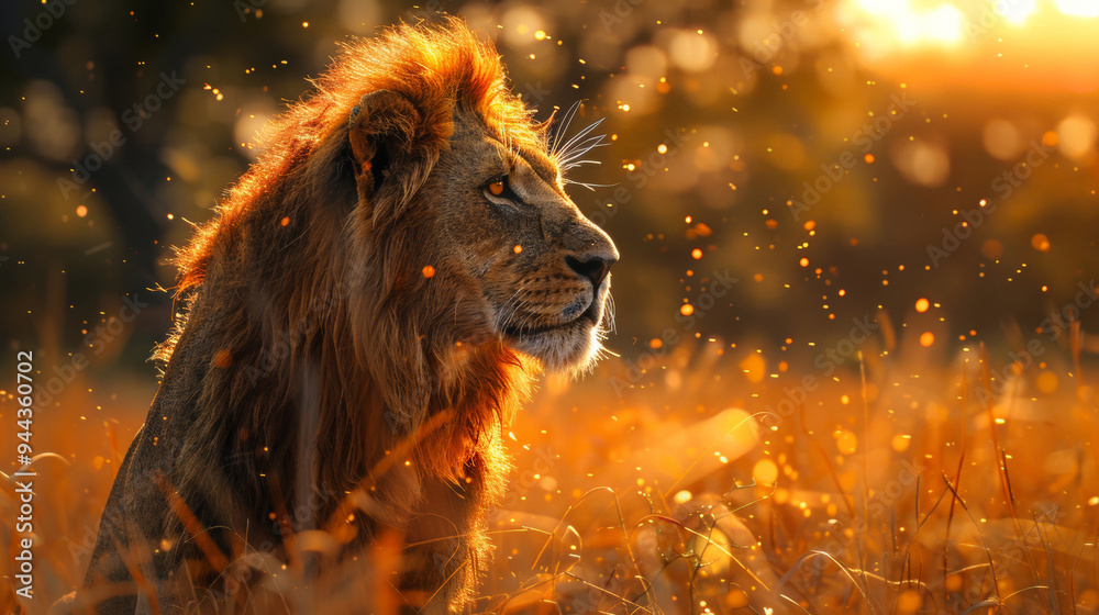 Naklejka premium Mighty lion king of beasts in golden sunset light against savannah background, surrounded by sparkling dust particles. Symbol of power, majesty and wild nature. Predator against sunset background.