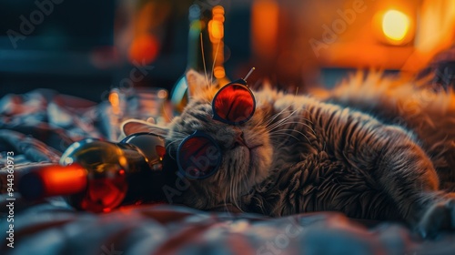 A drunken cat with wine bottle. Funny.