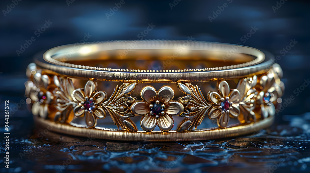 Golden Floral Ring with Red Gemstones - 3D Illustration Golden Floral Ring with Red Gemstones - 3D Illustration
