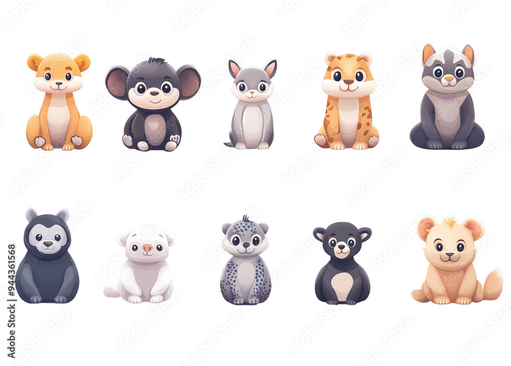 Naklejka premium Cute, cartoon-style, Adorable Cartoon-Style Animal Vector Illustrations in Cute and Playful Designs