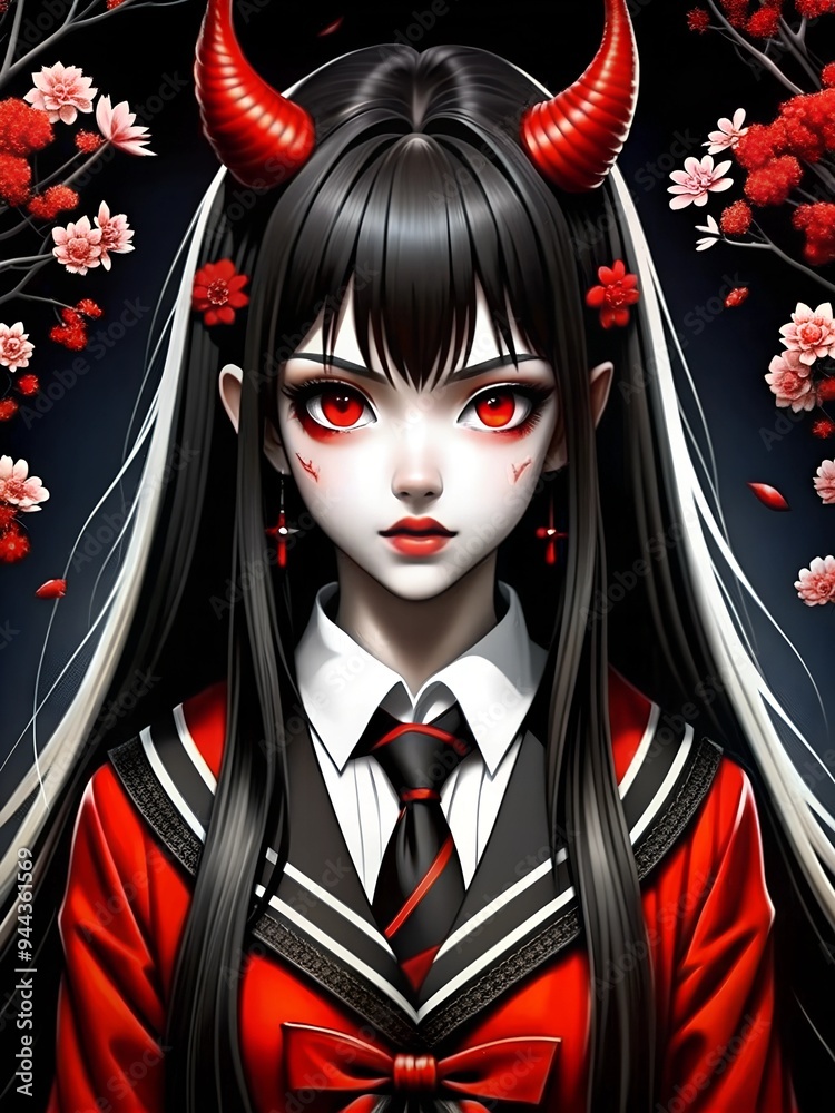 Anime girl with red little horns under sakura branches in Japanese style in school clothes Anime girl with red little horns under sakura branches in Japanese style in school clothes