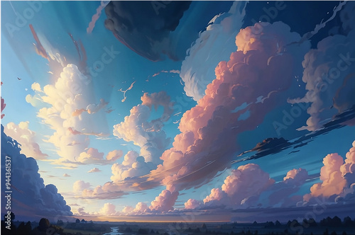 Digital Art of a Landscape with weird Cloud formation Background. Generative AI.