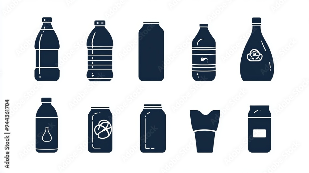 A vector icon set depicting a bottle of water and a can of soda. The set includes silhouettes of plastic and aluminum beverage containers, such as water, soda, and juice A vector icon set depicting a bottle of water and a can of soda. The set includes silhouettes of plastic and aluminum beverage containers, such as water, soda, and juice