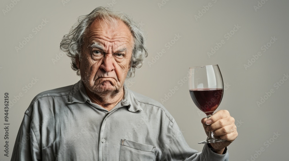 A drunken exhuasted messy senior male holding a glass of red wine A drunken exhuasted messy senior male holding a glass of red wine
