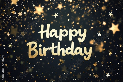 The words "Happy Birthday" in white, centered on a black background with golden glittering stars Generative AI