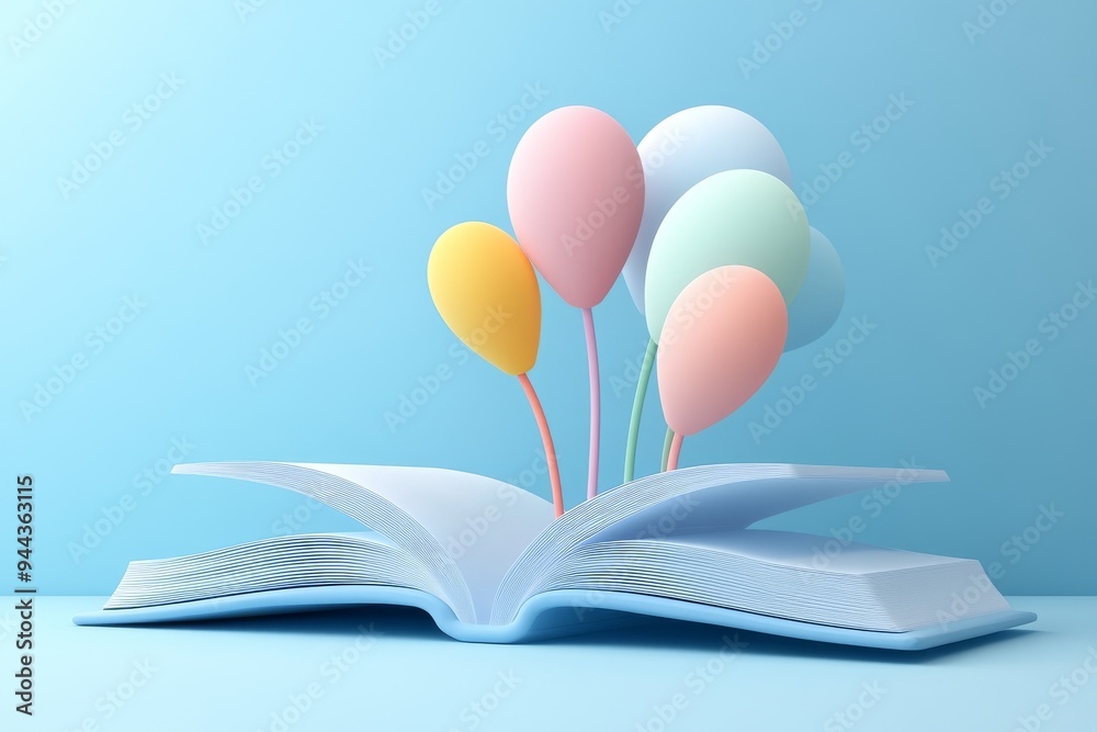 open book with pastel-colored flowers coming out of it, on a blue background. open book with pastel-colored flowers coming out of it, on a blue background.