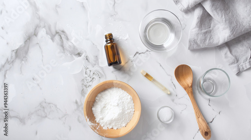 flat lay composition featuring the ingredients for a homemade cleaning product photo