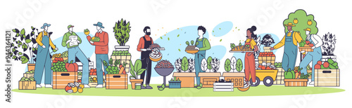 Eco farming concept sustainable agriculture people harvesting vegetables fruits plants minimalistic style