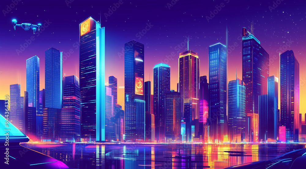 Futuristic Cityscape at Night with Neon Lights Futuristic Cityscape at Night with Neon Lights