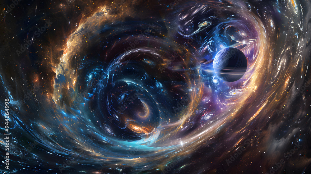 A colorful space scene with two black holes in the center. A colorful space scene with two black holes in the center.