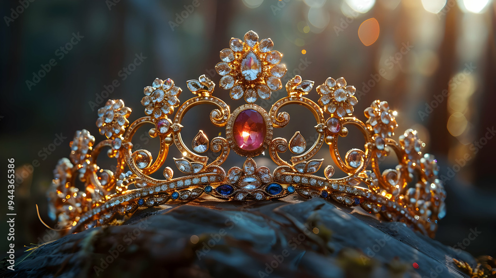 Golden Crown with Red Gemstone and Blue Diamonds - Illustration Golden Crown with Red Gemstone and Blue Diamonds - Illustration