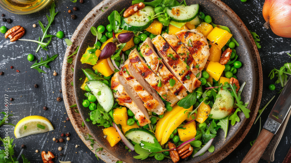 The national cuisine of Cuba. Mango salad with chicken fillet.