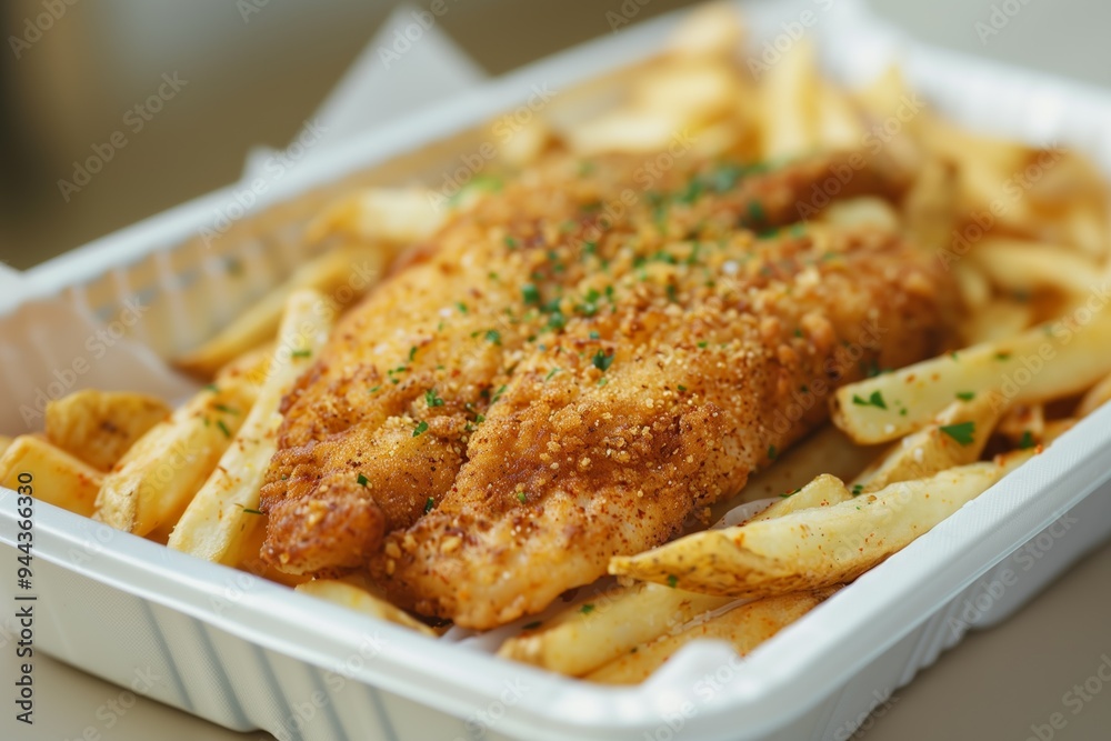Golden fried fish fillets served alongside crispy French fries in a takeout container at a local eatery Golden fried fish fillets served alongside crispy French fries in a takeout container at a local eatery