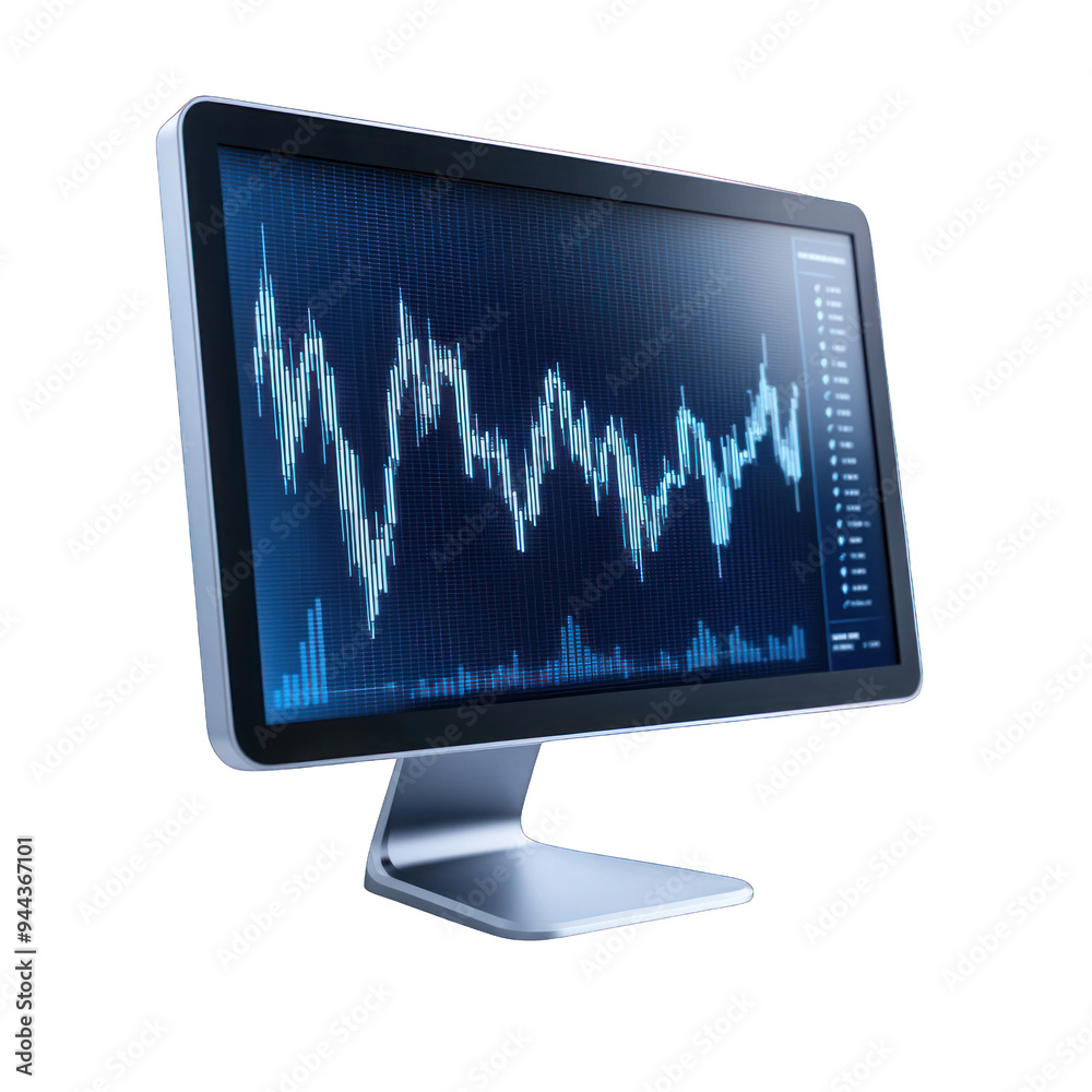 Modern monitor displaying dynamic financial data with stock market trends and graphs for analytics and trading. transparent background Modern monitor displaying dynamic financial data with stock market trends and graphs for analytics and trading. transparent background