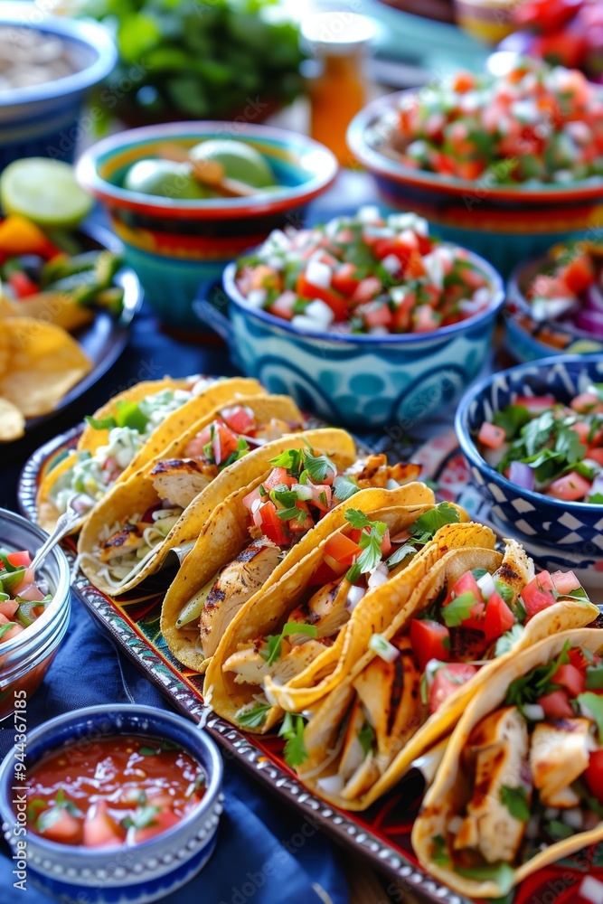 Delicious spread of chicken tacos with fresh salsa and toppings at a vibrant outdoor gathering Delicious spread of chicken tacos with fresh salsa and toppings at a vibrant outdoor gathering