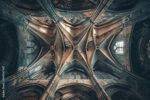 A photo of the ceiling of an old cathedral with beautiful gothic architecture photo