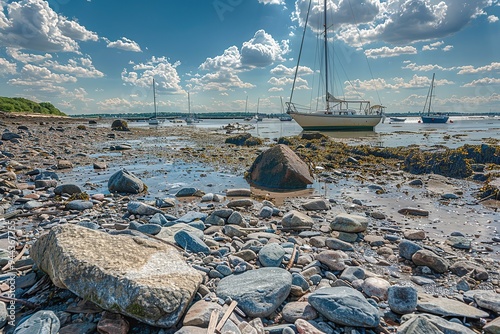 A photograph of rocks and debris covering the ground at low tide in Boston's Dorchester Bay harbor photo