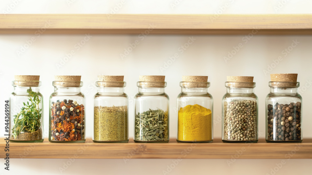 Glass jars filled with various spices and herbs neatly arranged on a wooden shelf, creating an organized and aesthetically pleasing kitchen display Glass jars filled with various spices and herbs neatly arranged on a wooden shelf, creating an organized and aesthetically pleasing kitchen display