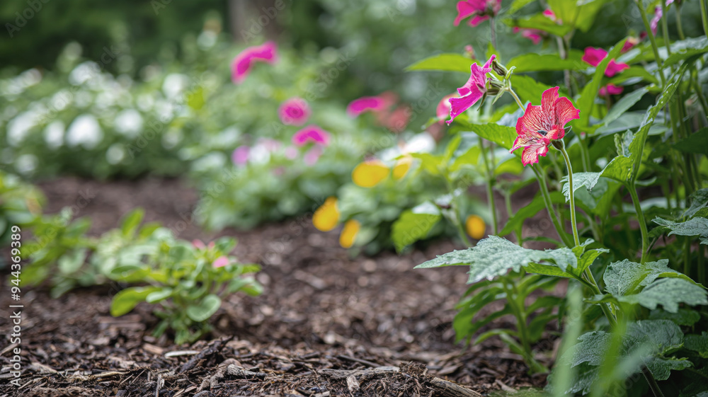 Colorful flowers blooming in a garden bed with fresh mulch, creating a vibrant and natural landscape Colorful flowers blooming in a garden bed with fresh mulch, creating a vibrant and natural landscape