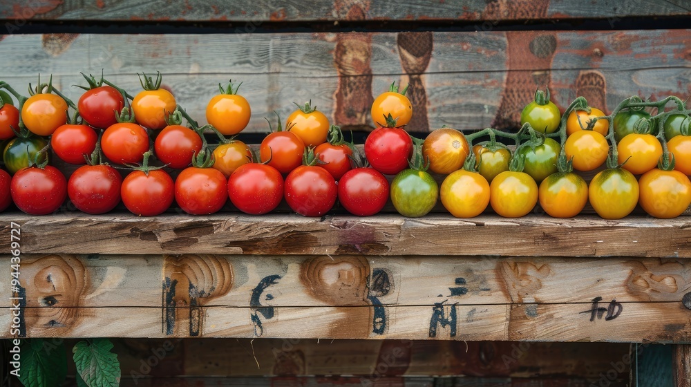 Rows of vibrant cherry tomatoes on a rustic wooden table Rows of vibrant cherry tomatoes on a rustic wooden table