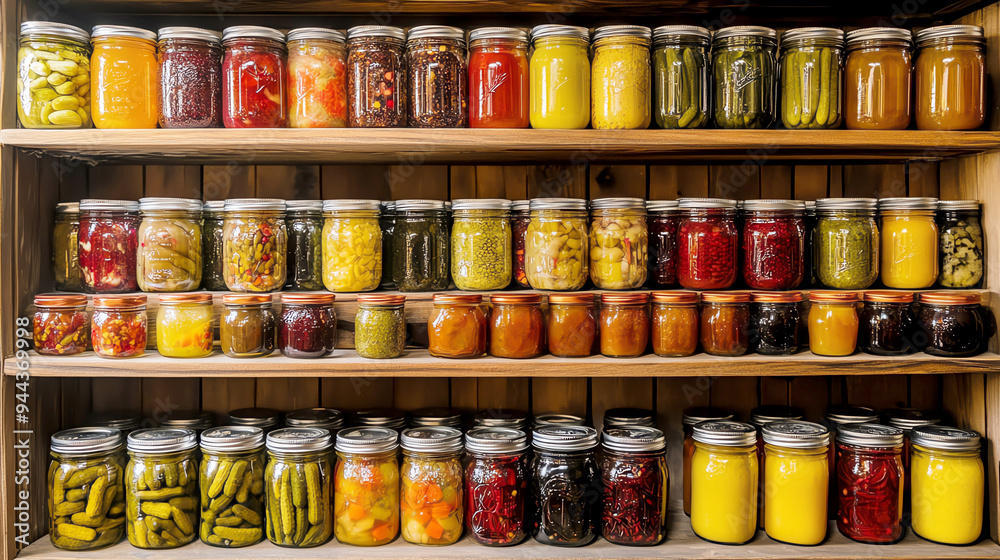 Highangle view of a pantry with shelves lined with jars of homemade pickles Highangle view of a pantry with shelves lined with jars of homemade pickles