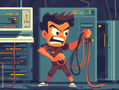  Angry system administrator in a data center struggling with tangled cables, expressing frustration in a chaotic server room, cartoon style illustration depicting IT problems and stress photo