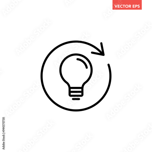 Single black replace lightbulb line icon, simple round repeat idea arrow flat design illustration pictogram for infographic interface elements for app logo web button ui isolated on white background