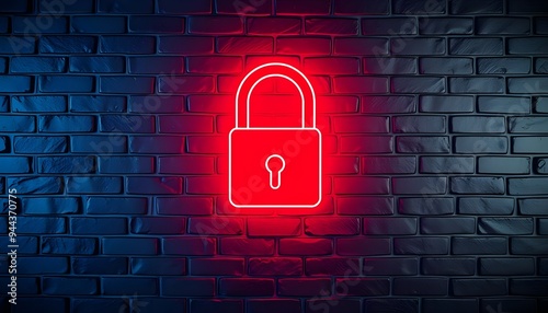 Neon glowing padlock on brick wall with digital futuristic technology. Concept of cyber security threat and access control alert from hackers.