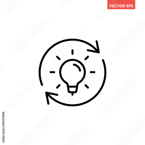 Single black refresh idea line icon, simple light bulb with repeat arrow flat design illustration pictogram for infographic interface elements for app logo web button ui isolated on white background