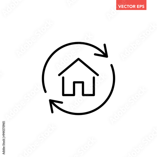 Single black house renovation line icon, simple update home with arrow flat design pictogram vector for app logo ads web webpage button ui ux interface elements isolated on white background