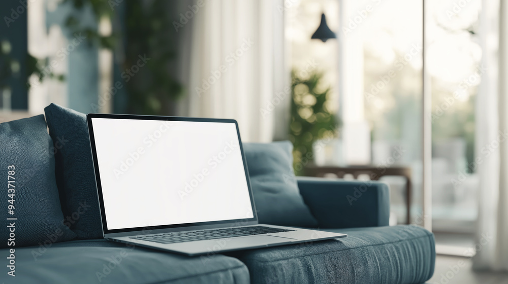 Open laptop with a blank screen resting on a comfortable sofa in a modern, well-lit living room, emphasizing remote work or leisure in a cozy home environment