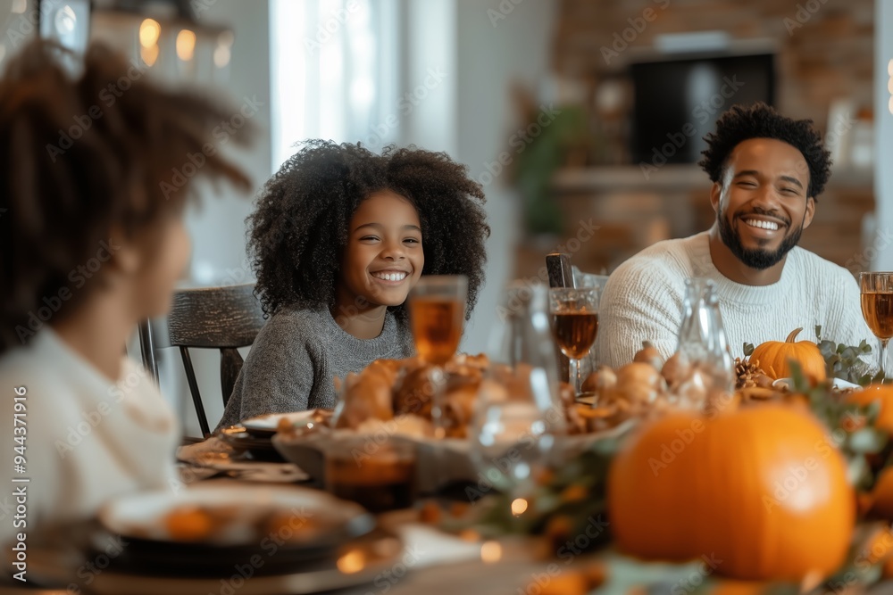 Family enjoying a joyful Thanksgiving dinner around a beautifully decorated table with pumpkins and festive dishes in a cozy setting Family enjoying a joyful Thanksgiving dinner around a beautifully decorated table with pumpkins and festive dishes in a cozy setting