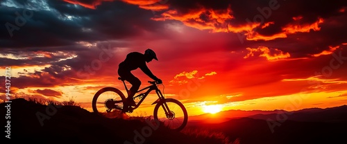 Silhouette of a mountain biker riding a bicycle against a fiery sunset.