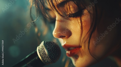 Close-Up of Female Singer with Microphone in Passionate Performance at Music Concert