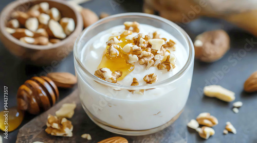 Greek Yogurt with Honey and Mixed Nuts  A simple, proteinpacked snack or breakfast featuring creamy yogurt, natural honey, and crunchy nuts, healthy snack, clean eating photo