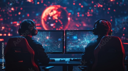 Two Gamers Competing in a High-Tech E-Sports Tournament with Futuristic Sci-Fi Theme