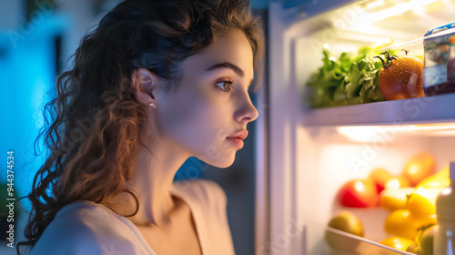 Closeup of a woman s face as she looks into a refrigerator photo