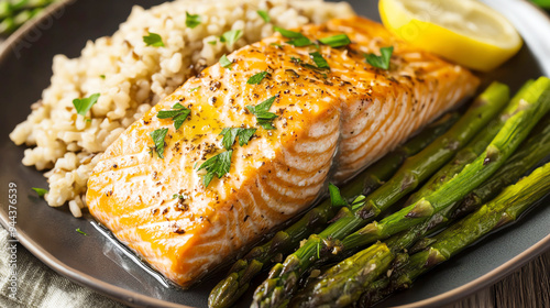 Baked Salmon with Asparagus and Brown Rice  A wholesome dish combining omega3rich salmon with fiberpacked sides, healthy dinner, clean food photo