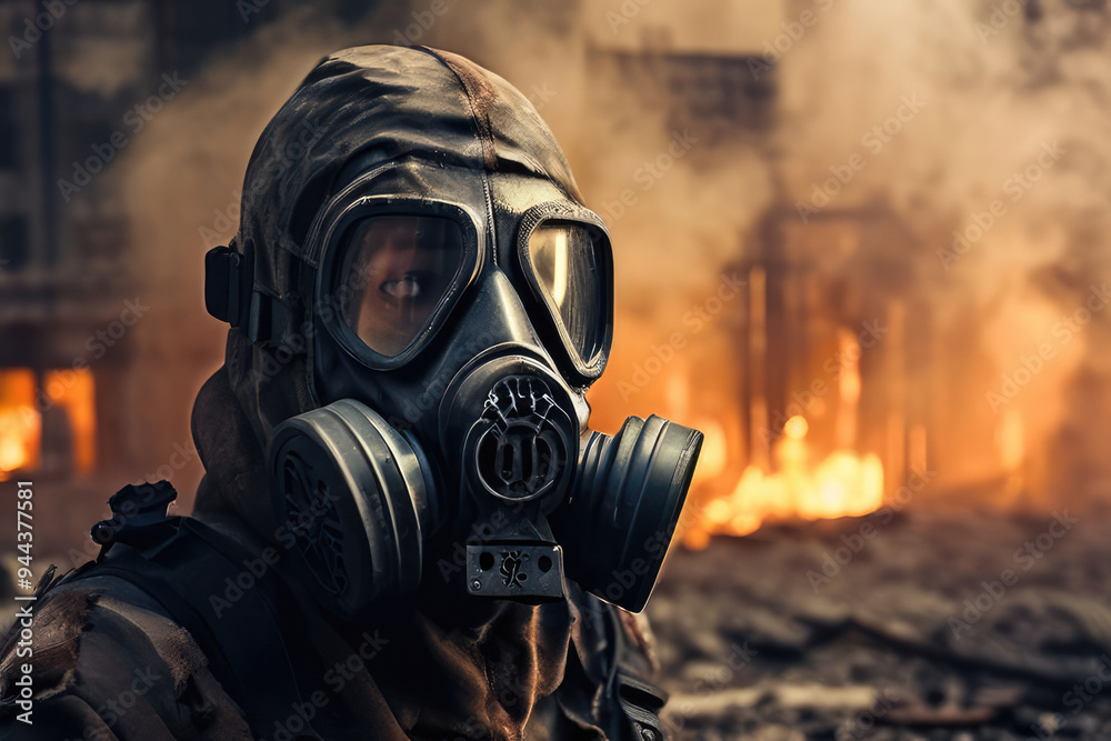 Man wearing gas mask used to protect and adverse effects of the atmosphere with toxic emissions. Man wearing gas mask used to protect and adverse effects of the atmosphere with toxic emissions.