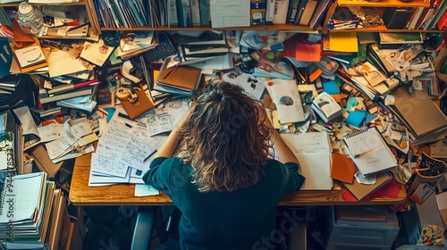 overwhelmed person working at a cluttered desk, chaotic and vibrant scene, soft lines